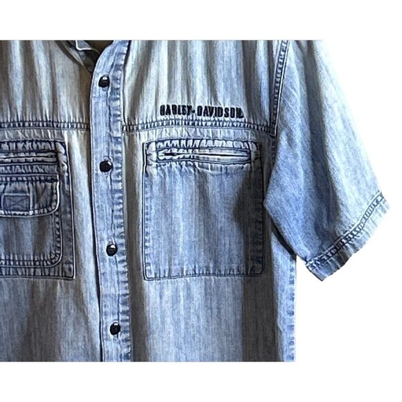 Harley Davidson Unisex Short Sleeve Denim Distressed Shirt Biker - Picture 4 of 8